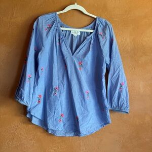 Velvet Graham Spencer Embroidered Cotton Blouse Small Blue Floral Boho Top